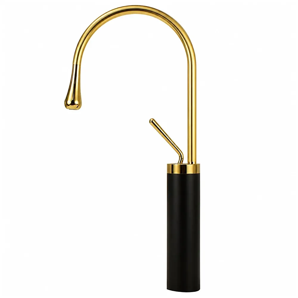 Black Gold Drop Basin Tap Faucet Mixer for Bathroom Toilet Wash Basins Hot and Cold Water Faucet Sink Mixer Colour Tall Body Golden 46cm Height - Premium