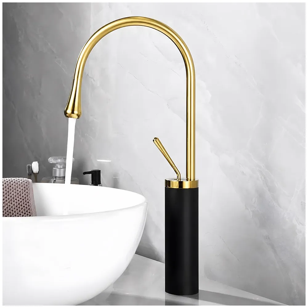 Black Gold Drop Basin Tap Faucet Mixer for Bathroom Toilet Wash Basins Hot and Cold Water Faucet Sink Mixer Colour Tall Body Golden 46cm Height - Premium