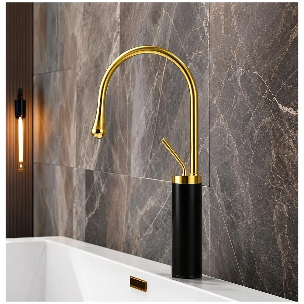 Black Gold Drop Basin Tap Faucet Mixer for Bathroom Toilet Wash Basins Hot and Cold Water Faucet Sink Mixer Colour Tall Body Golden 46cm Height - Premium