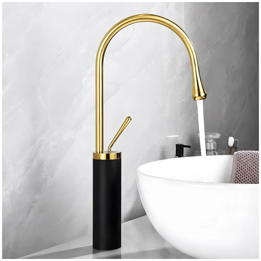 Black Gold Drop Basin Tap Faucet Mixer for Bathroom Toilet Wash Basins Hot and Cold Water Faucet Sink Mixer Colour Tall Body Golden 46cm Height - Premium