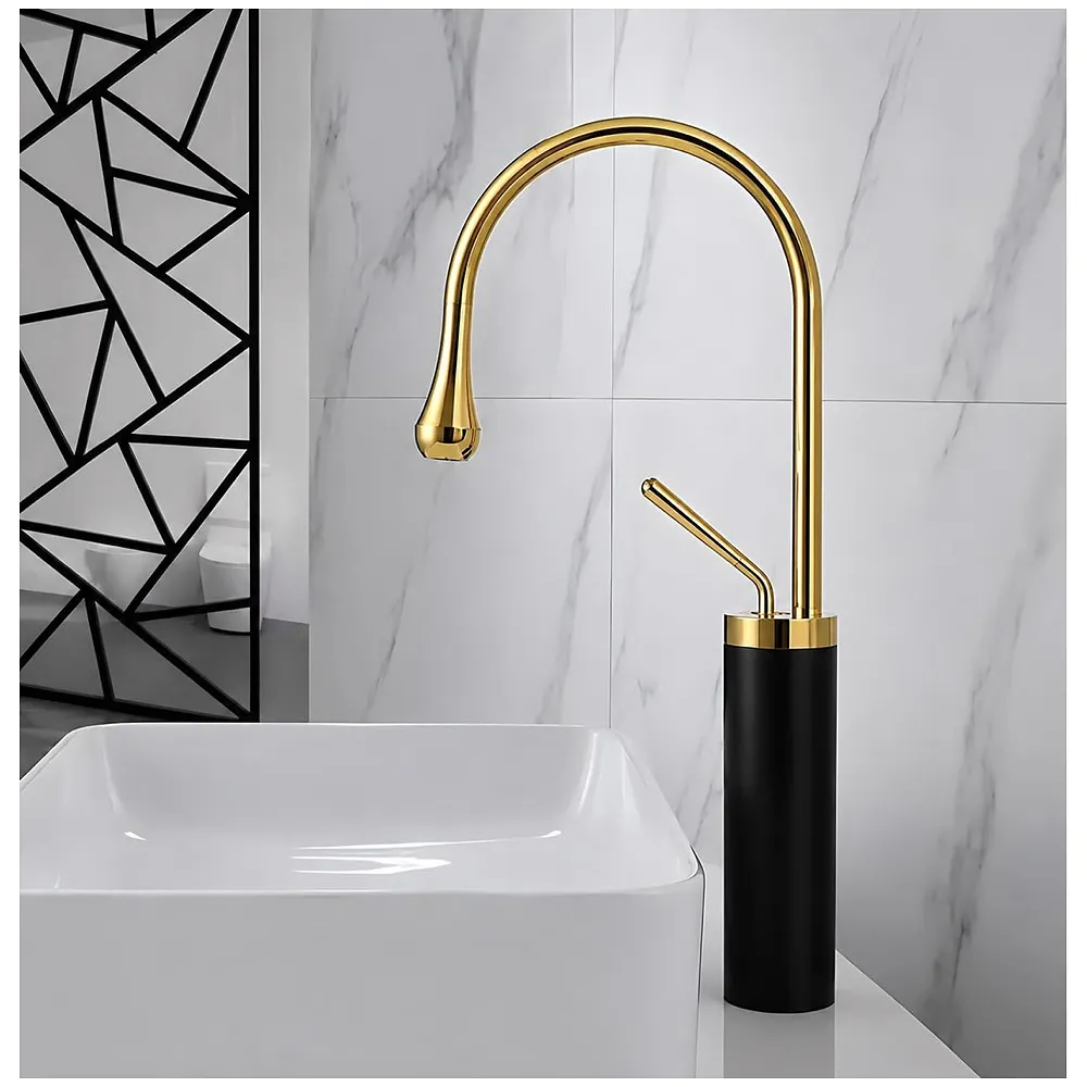 Black Gold Drop Basin Tap Faucet Mixer for Bathroom Toilet Wash Basins Hot and Cold Water Faucet Sink Mixer Colour Tall Body Golden 46cm Height - Premium