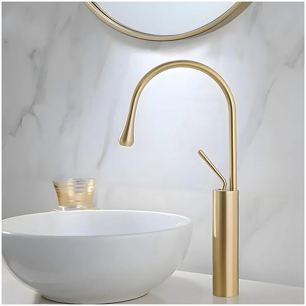 Gold Drop Basin Tap Faucet Mixer for Bathroom Toilet Wash Basins Hot and Cold WaterSink Mixer Golden Colour Tall Body Basin Tap Faucet Bathroom Kitchen 46 cm Height