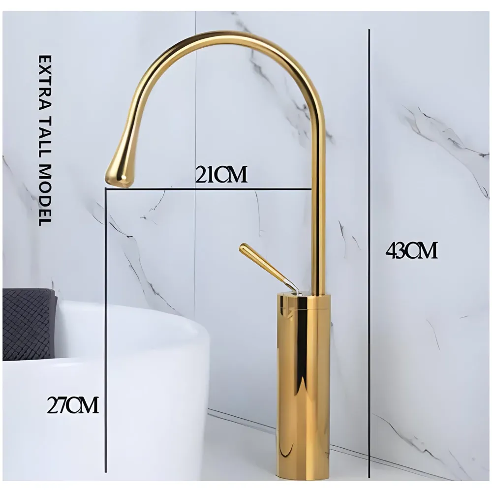 Gold Drop Basin Tap Faucet Mixer for Bathroom Toilet Wash Basins Hot and Cold WaterSink Mixer Golden Colour Tall Body Basin Tap Faucet Bathroom Kitchen 46 cm Height