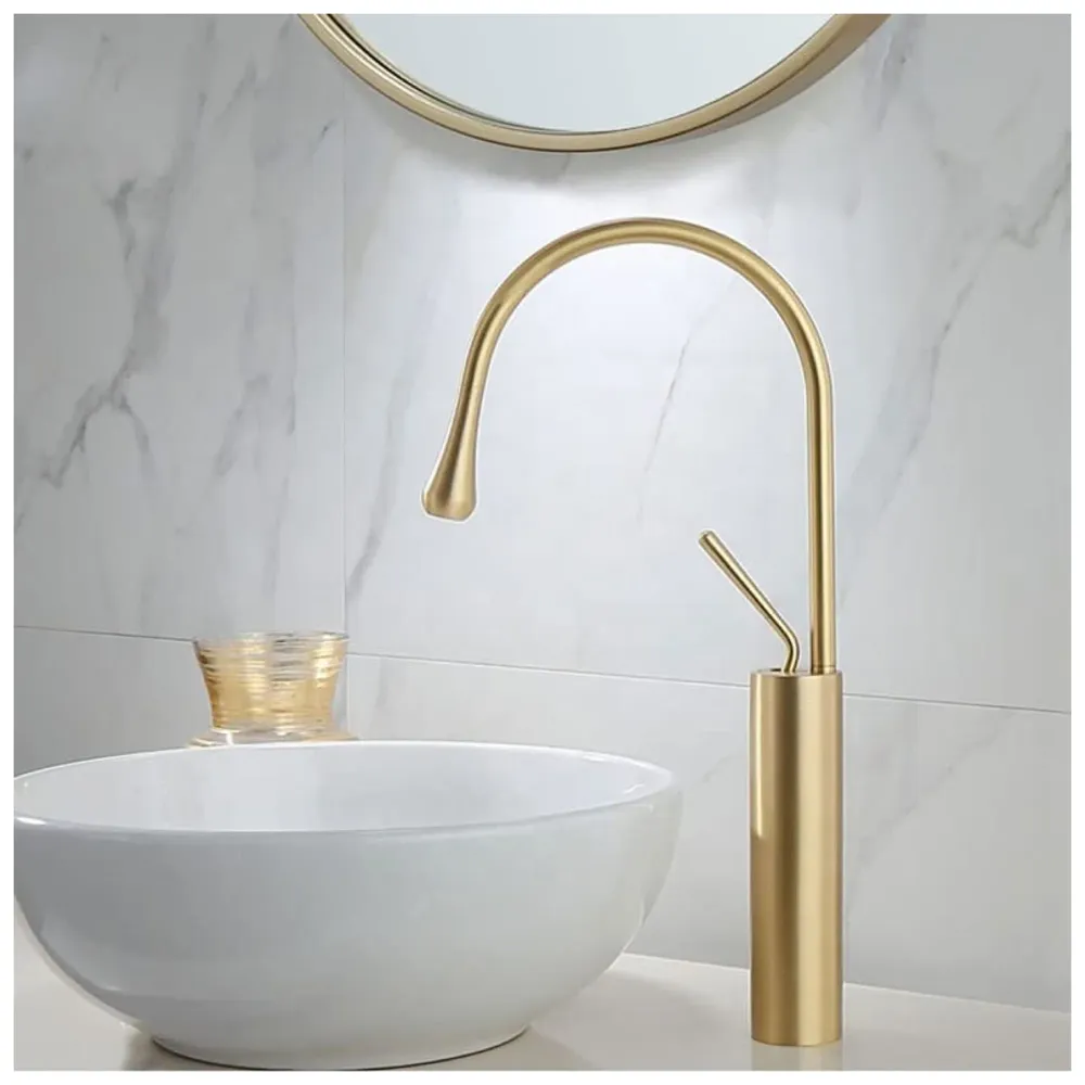Brass Gold Dew Drop Mixer Hot and Cold Basin Tap Faucet Sink Mixer Golden Colour Tall Body 17 Inch Height.