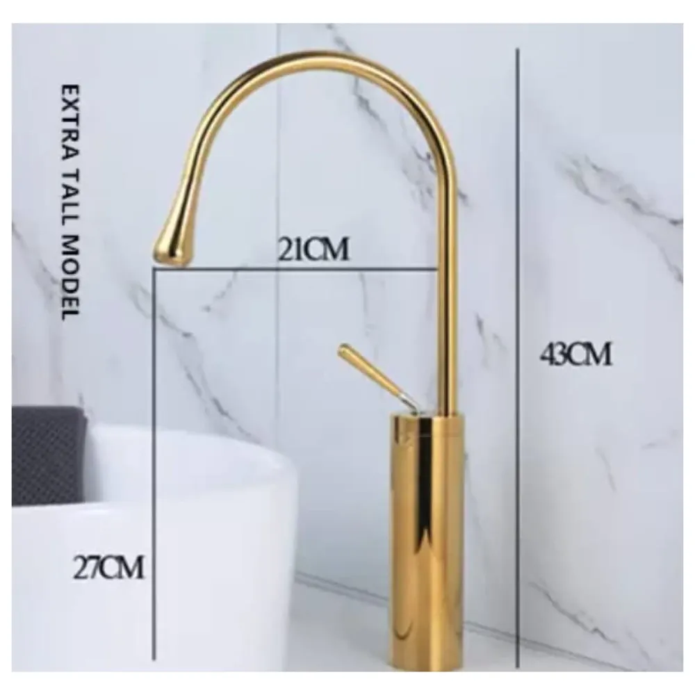 Brass Gold Dew Drop Mixer Hot and Cold Basin Tap Faucet Sink Mixer Golden Colour Tall Body 17 Inch Height.