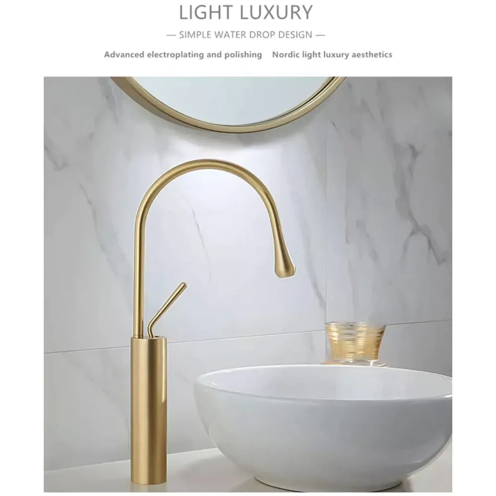 Gold Drop Basin Tap Faucet Mixer for Bathroom Toilet Wash Basins Hot and Cold WaterSink Mixer Golden Colour Tall Body Basin Tap Faucet Bathroom Kitchen 46 cm Height