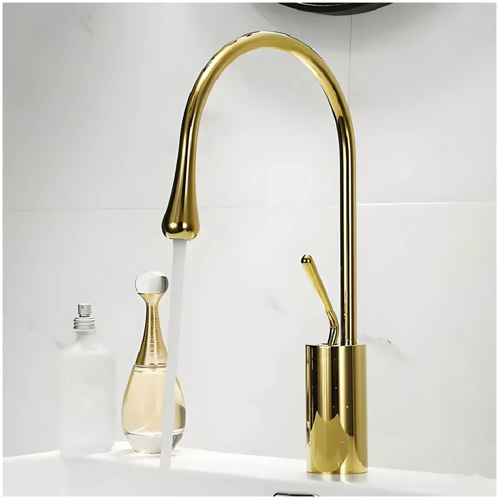 Gold Drop Basin Tap Faucet Mixer for Bathroom Toilet Wash Basins Hot and Cold Water Sink Mixer Golden Colour Tall- 38 Cm Height Golden Colour