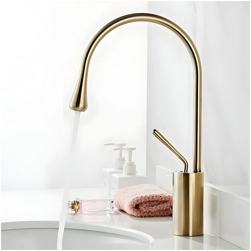 Gold Drop Basin Tap Faucet Mixer for Bathroom Toilet Wash Basins Hot and Cold Water Sink Mixer Golden Colour Tall- 38 Cm Height Golden Colour - Premium