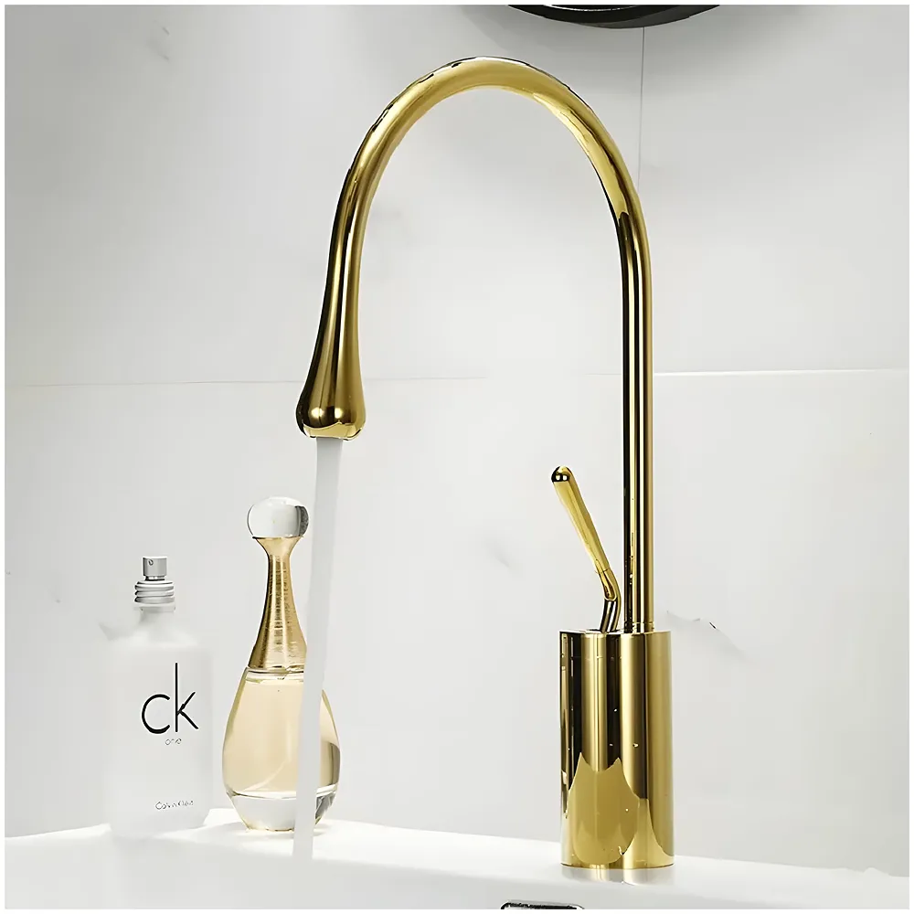 Gold Drop Basin Tap Faucet Mixer for Bathroom Toilet Wash Basins Hot and Cold Water Sink Mixer Golden Colour Tall- 38 Cm Height Golden Colour - Premium