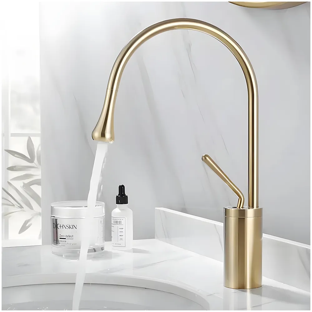 Gold Drop Basin Tap Faucet Mixer for Bathroom Toilet Wash Basins Hot and Cold Water Sink Mixer Golden Colour Tall- 38 Cm Height Golden Colour - Premium
