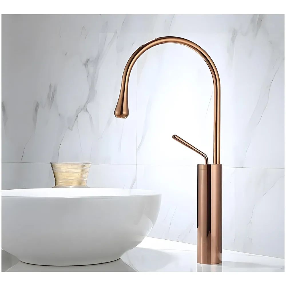 Rose Gold Drop Basin Tap Faucet Mixer for Bathroom Toilet Wash Basins Hot and Cold Water Sink Mixer Rosegold Colour Tall Body - 43cm Height