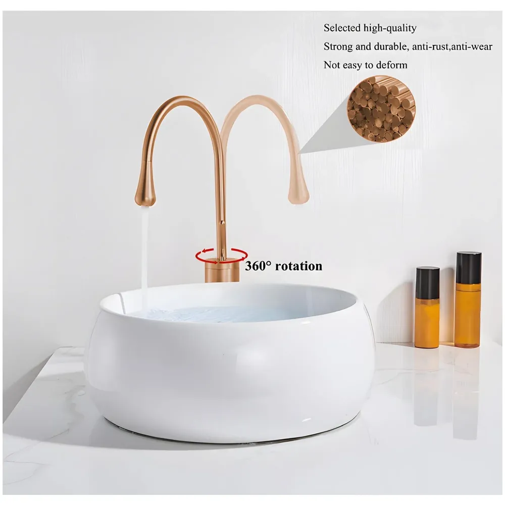 Rose Gold Drop Basin Tap Faucet Mixer for Bathroom Toilet Wash Basins Hot and Cold Water Sink Mixer Rosegold Colour Tall Body - 43cm Height