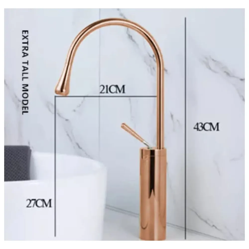 Rose Gold Drop Basin Tap Faucet Mixer for Bathroom Toilet Wash Basins Hot and Cold Water Sink Mixer Rosegold Colour Tall Body - 43cm Height