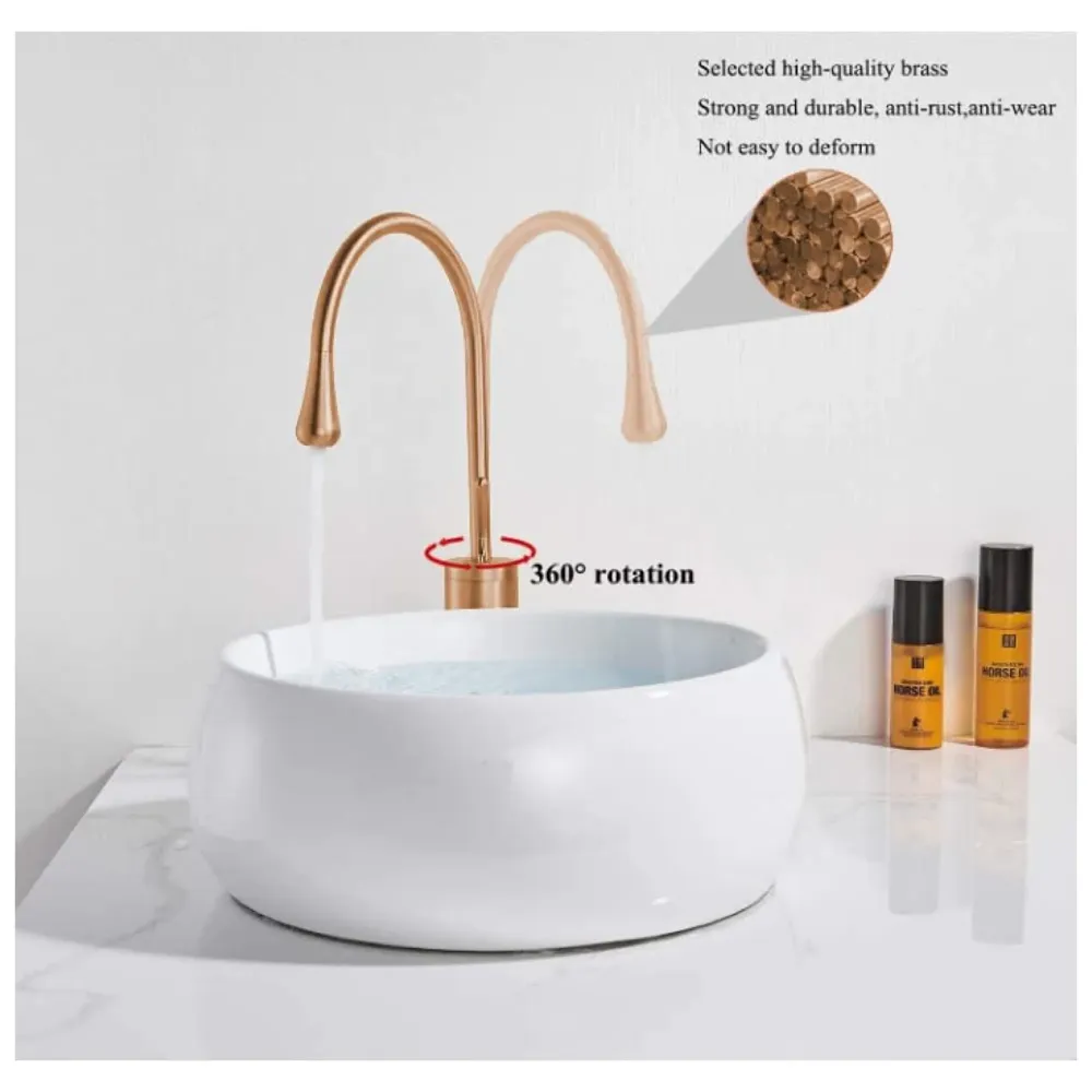 Rose Gold Drop Basin Tap Faucet Mixer for Bathroom Toilet Wash Basins Hot and Cold Water Sink Mixer Rosegold Colour Tall Body - 43cm Height