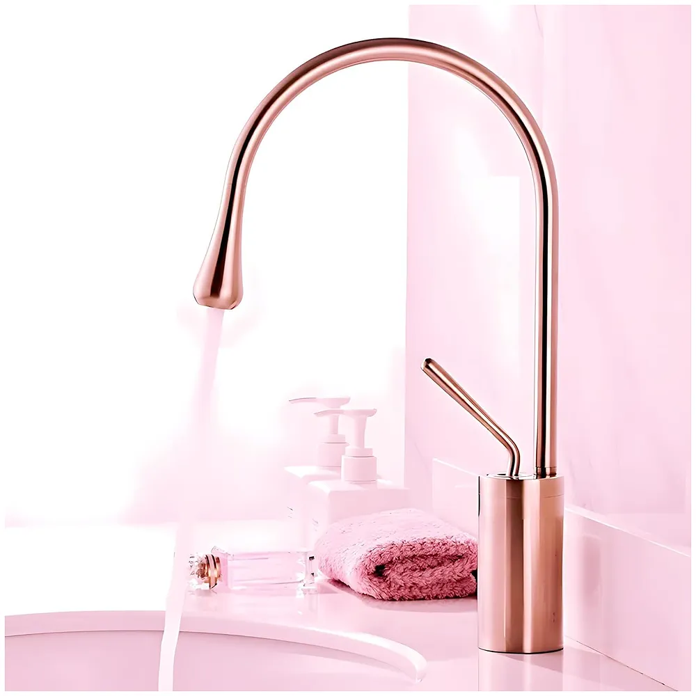 Rose Gold Drop Mixer Hot and Cold Basin Tap Faucet Vessel Mount 38 Cm Sink Mixer Rosegold Colour Body for Basin Tap Faucet Bathroom Kitchen 38 Cm Height