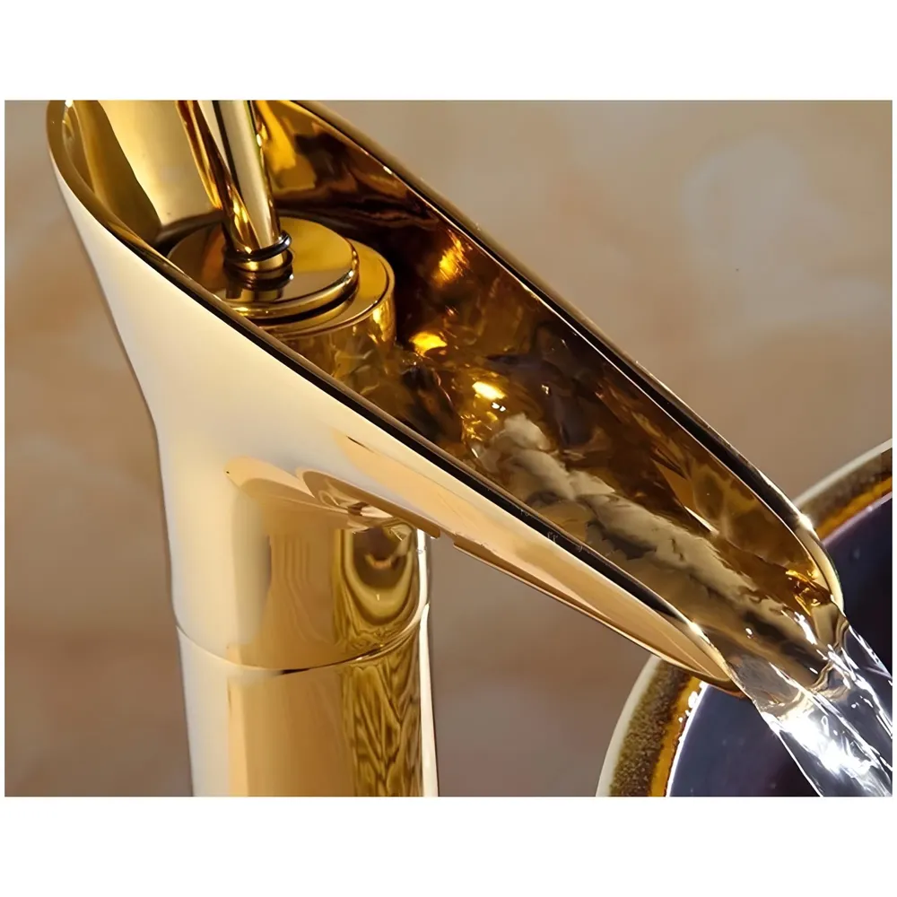 Waterfall Gold Basin Tap Faucet for Bathroom Toilet Wash Basins Hot and Cold Water, 7 Inch Height, Golden Colour (El Dorado Petite)