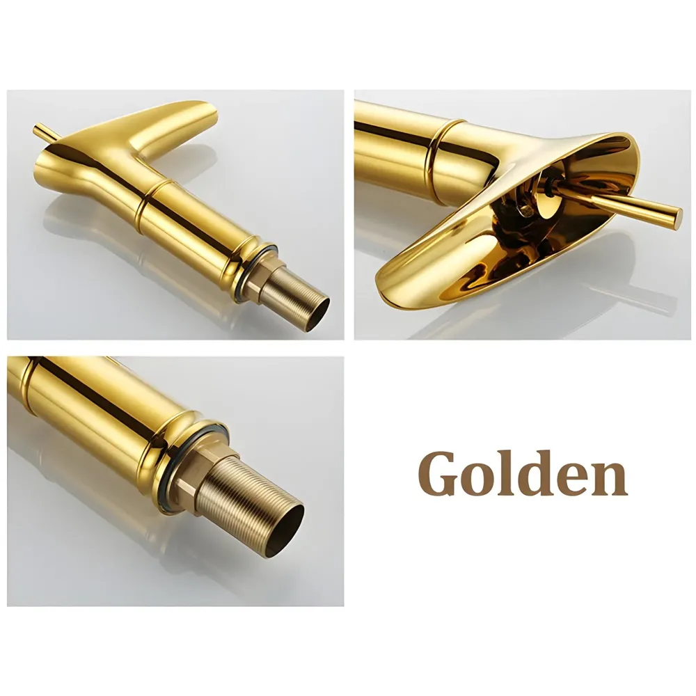 Waterfall Gold Basin Tap Faucet for Bathroom Toilet Wash Basins Hot and Cold Water, 7 Inch Height, Golden Colour (El Dorado Petite)