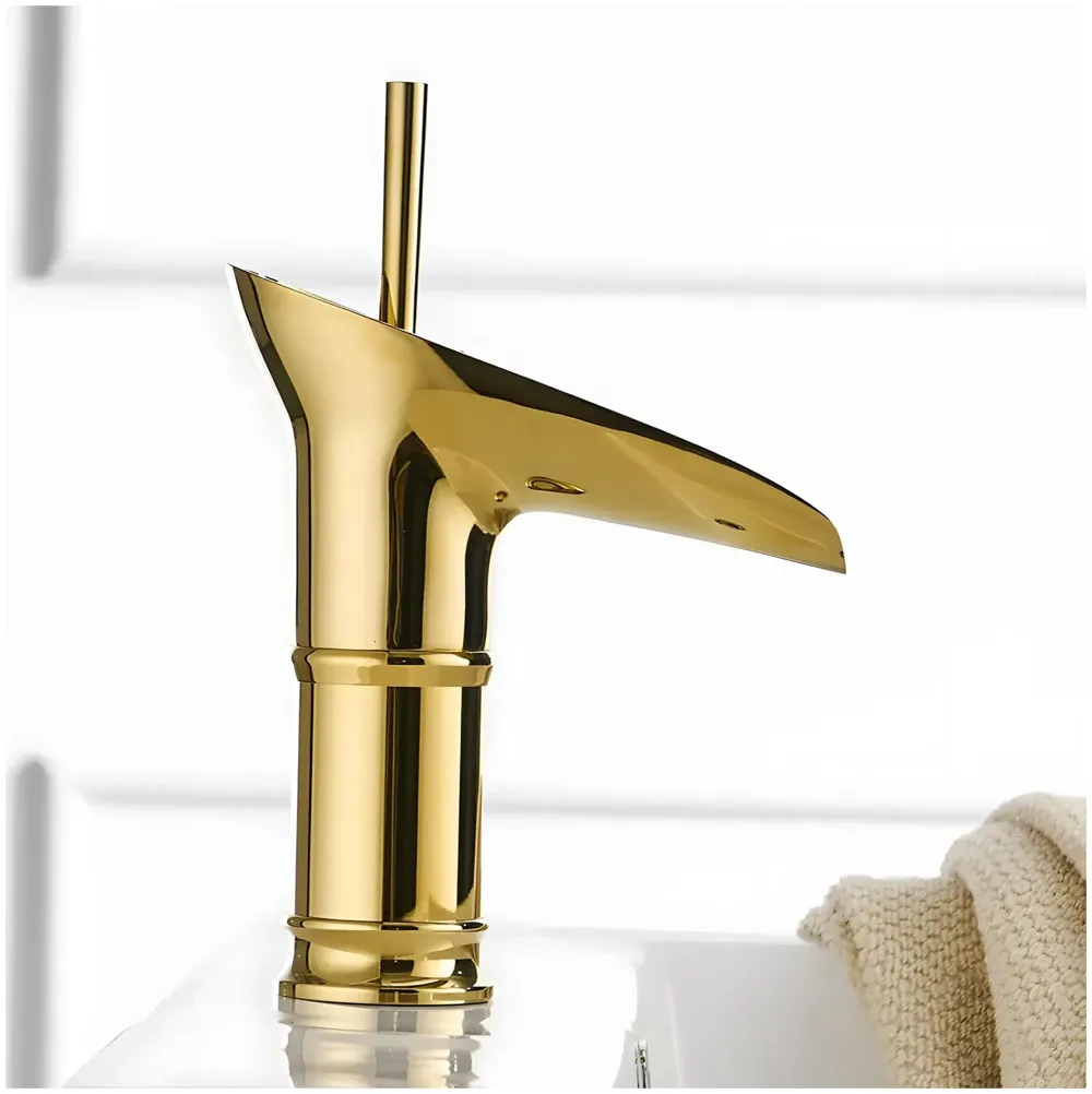 Waterfall Gold Basin Tap Faucet for Bathroom Toilet Wash Basins Hot and Cold Water, 7 Inch Height, Golden Colour (El Dorado Petite)