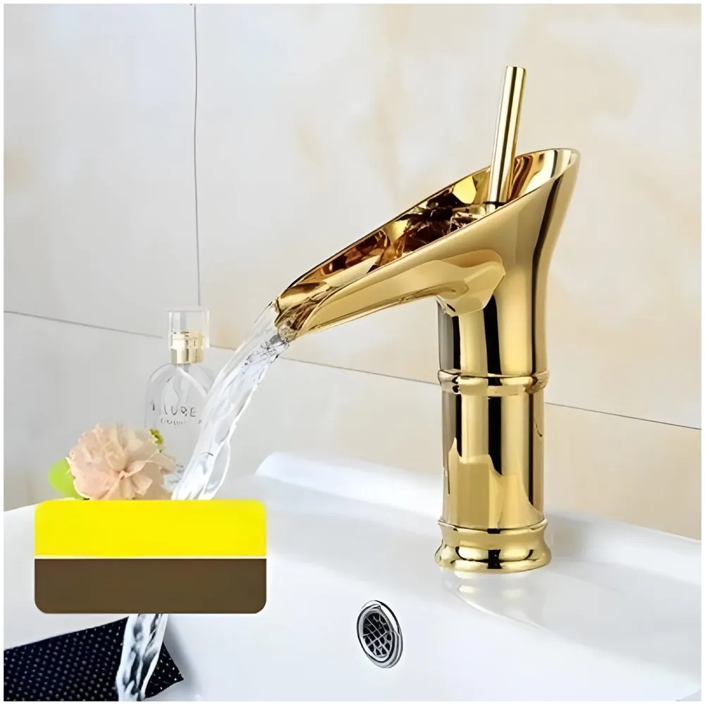 Waterfall Gold Basin Tap Faucet for Bathroom Toilet Wash Basins Hot and Cold Water, 7 Inch Height, Golden Colour (El Dorado Petite)