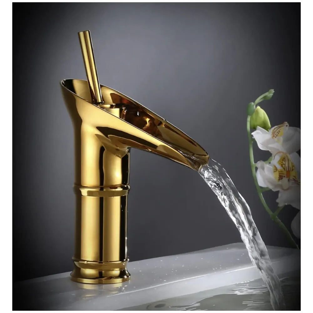 Gold Waterfall Basin Mixer Hot and Cold Water Golden Colour Faucet Tap El Dorado (Short Body 7 Inches)