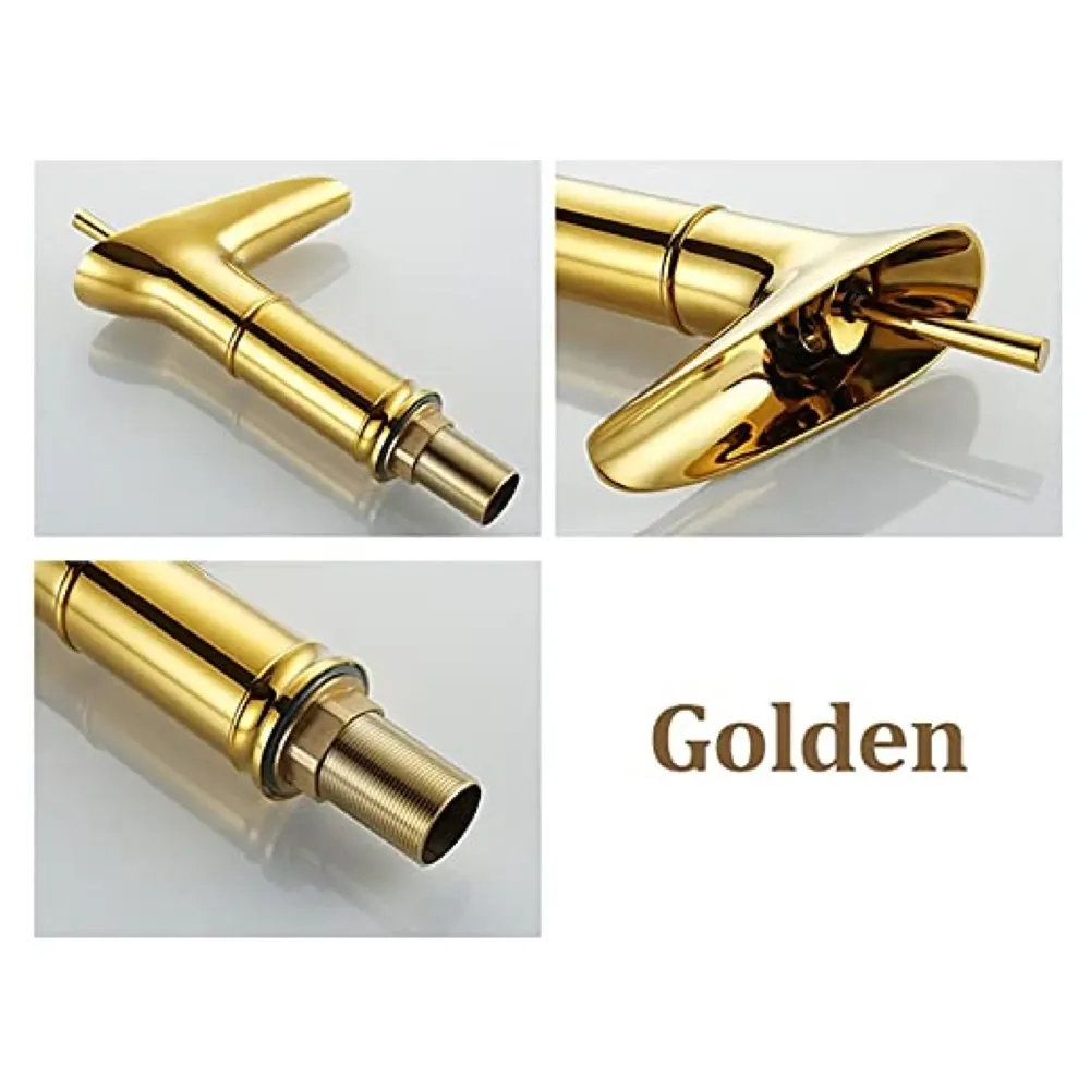 Gold Waterfall Basin Mixer Hot and Cold Water Golden Colour Faucet Tap El Dorado (Short Body 7 Inches)