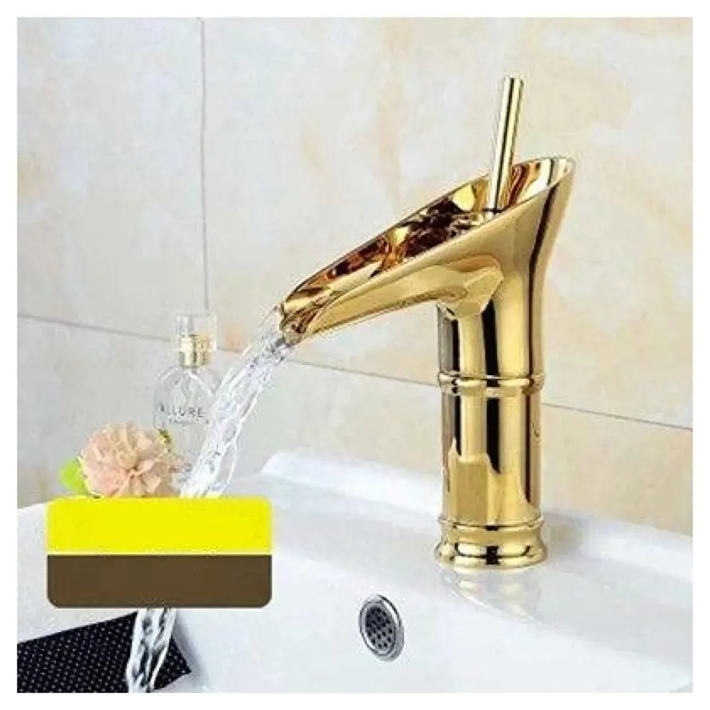 Waterfall Gold Basin Tap Faucet for Bathroom Toilet Wash Basins Hot and Cold Water, 7 Inch Height, Golden Colour (El Dorado Petite)