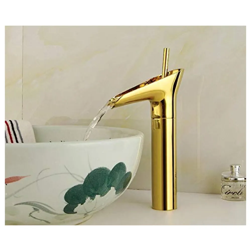 Gold Basin Mixer Faucet Tap Hot and Cold, 12 Inch Height Golden Waterfall for Bathroom Toilet Wash Basins - 30 cm Height.