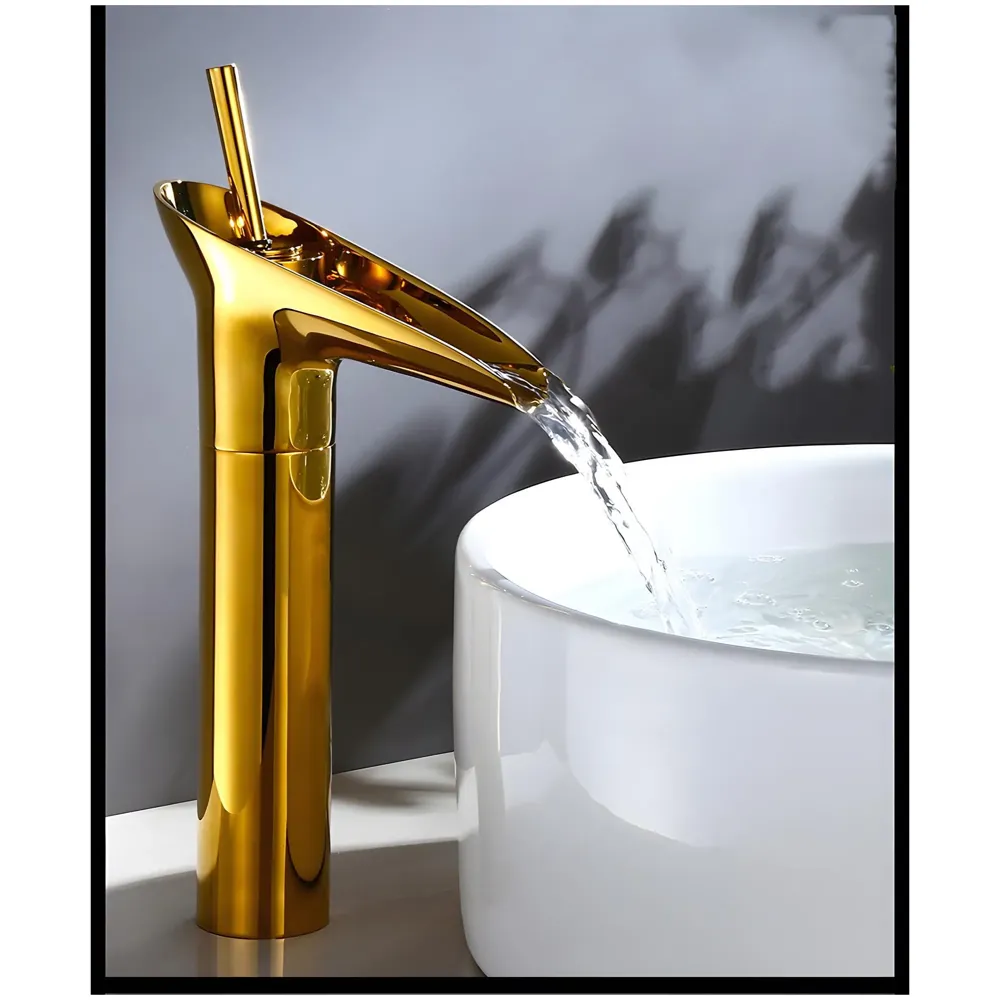Gold Basin Mixer Faucet Tap Hot and Cold, 12 Inch Height Golden Waterfall for Bathroom Toilet Wash Basins - 30 cm Height.