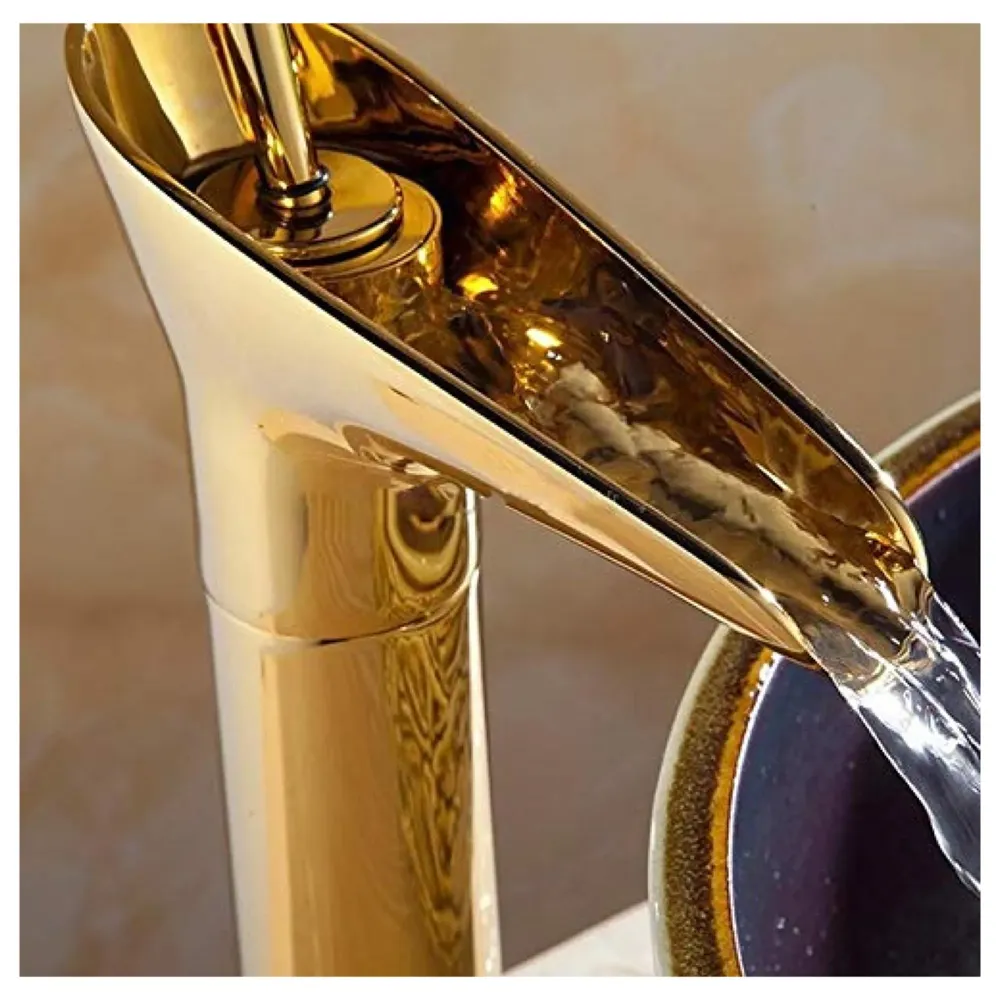Gold Basin Mixer Faucet Tap Hot and Cold, 12 Inch Height Golden Waterfall for Bathroom Toilet Wash Basins - 30 cm Height.