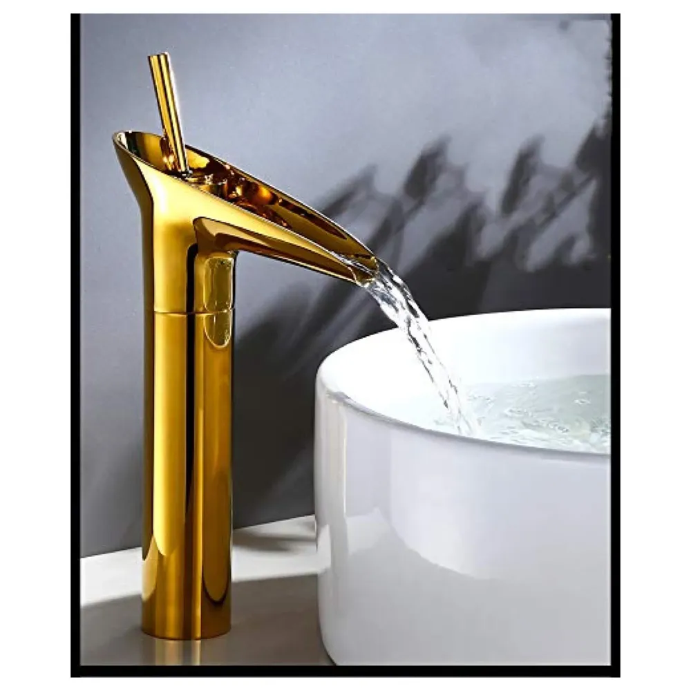 Gold Basin Mixer Faucet Tap Hot and Cold, 12 Inch Height Golden Waterfall for Bathroom Toilet Wash Basins - 30 cm Height.