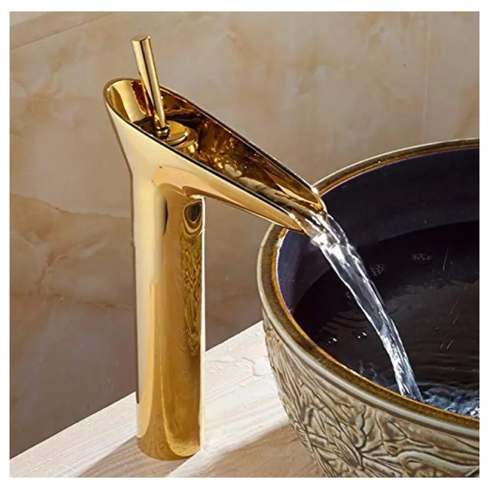 Gold Basin Mixer Faucet Tap Hot and Cold, 12 Inch Height Golden Waterfall for Bathroom Toilet Wash Basins - 30 cm Height.