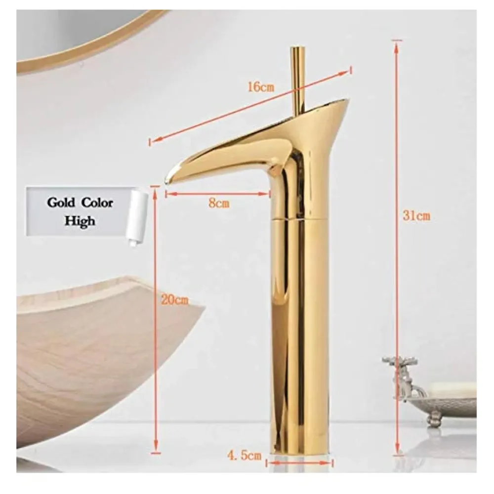 Gold Basin Mixer Faucet Tap Hot and Cold, 12 Inch Height Golden Waterfall for Bathroom Toilet Wash Basins - 30 cm Height.