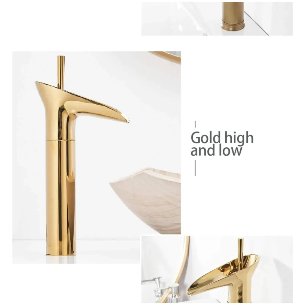 Gold Basin Mixer Faucet Tap Hot and Cold, 12 Inch Height Golden Waterfall for Bathroom Toilet Wash Basins - 30 cm Height.