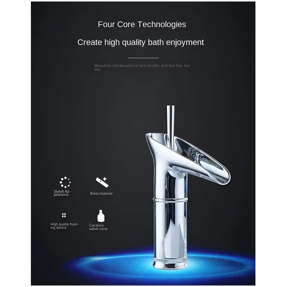 Chrome Silver Bsain tap Faucet Mixer Waterfall for Bathroom Toilet Wash Basins Hot and Cold Water, 7 inch Tap Height Waterfall Spout - 7