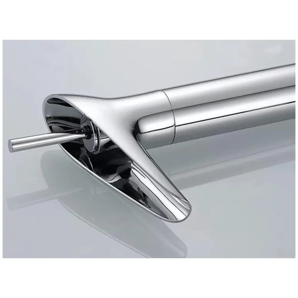 Brass Chrome Silver Waterfall Bathroom Tap Joytick Controlled Hot and Cold Lever Basin Mixer with 2 Braided Connection Pipes 450mm, 7 inch Tap Height