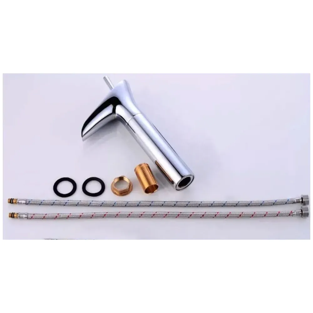 Brass Chrome Silver Waterfall Bathroom Tap Joytick Controlled Hot and Cold Lever Basin Mixer with 2 Braided Connection Pipes 450mm, 7 inch Tap Height