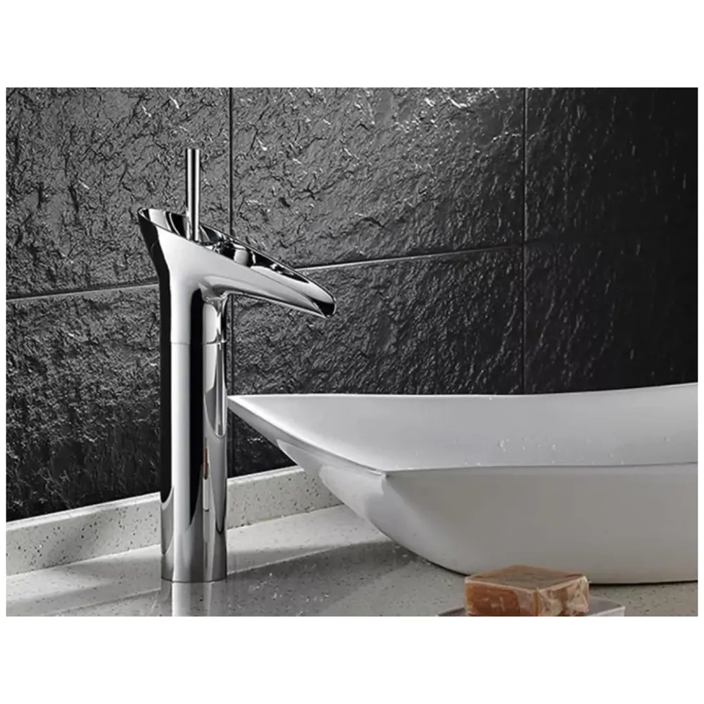 Brass Chrome Silver Waterfall Bathroom Tap Joytick Controlled Hot and Cold Lever Basin Mixer with 2 Braided Connection Pipes 450mm, 7 inch Tap Height