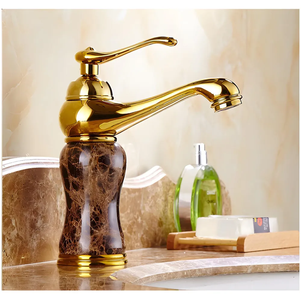 Marble Gold Basin Mixer Faucet Tap, Hot and Cold, 6 Inch Height Emperador Petite 15 cm Height for Bathroom Toilet Wash Basins