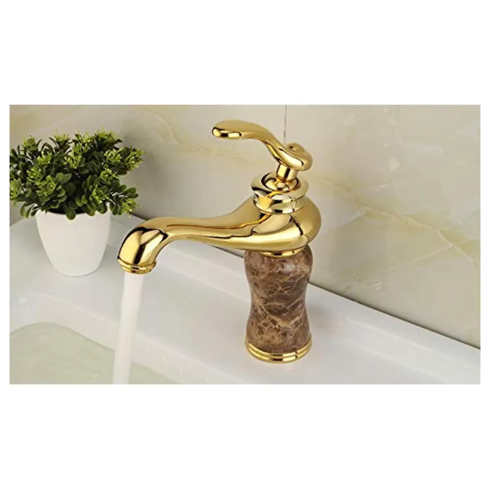 Marble Gold Basin Mixer Faucet Tap, Hot and Cold, 6 Inch Height Emperador Petite 15 cm Height for Bathroom Toilet Wash Basins - 4