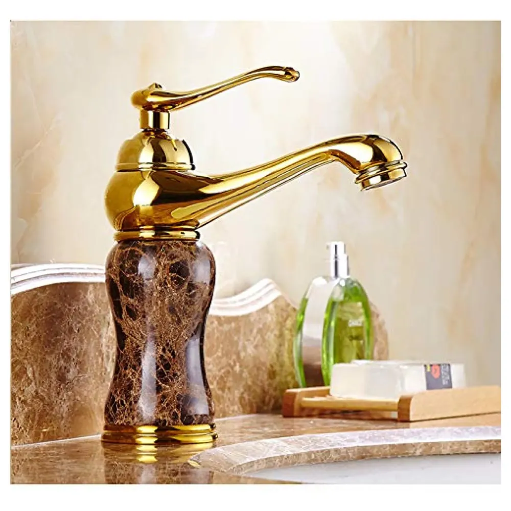 Marble Gold Basin Mixer Faucet Tap, Hot and Cold, 6 Inch Height Emperador Petite 15 cm Height for Bathroom Toilet Wash Basins - 8
