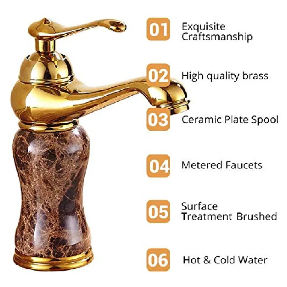 Marble Gold Basin Mixer Faucet Tap, Hot and Cold, 6 Inch Height Emperador Petite 15 cm Height for Bathroom Toilet Wash Basins