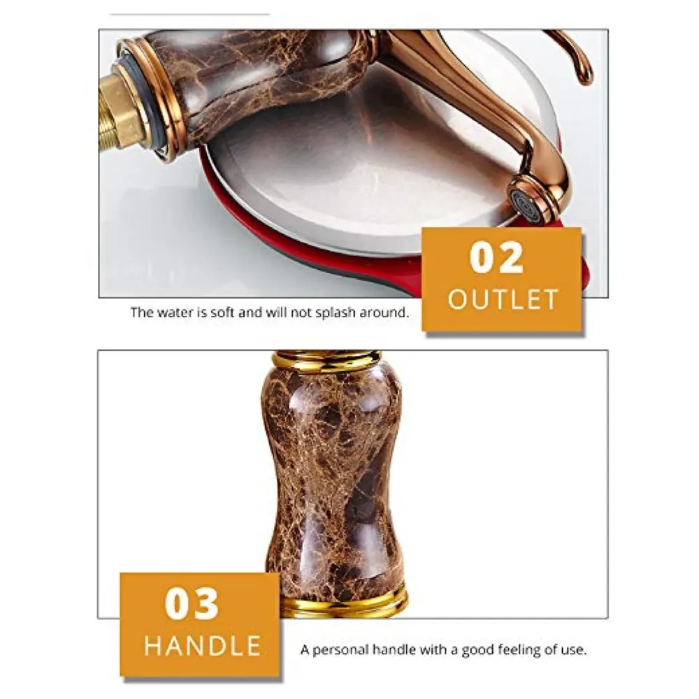 Marble Gold Basin Mixer Faucet Tap, Hot and Cold, 6 Inch Height Emperador Petite 15 cm Height for Bathroom Toilet Wash Basins