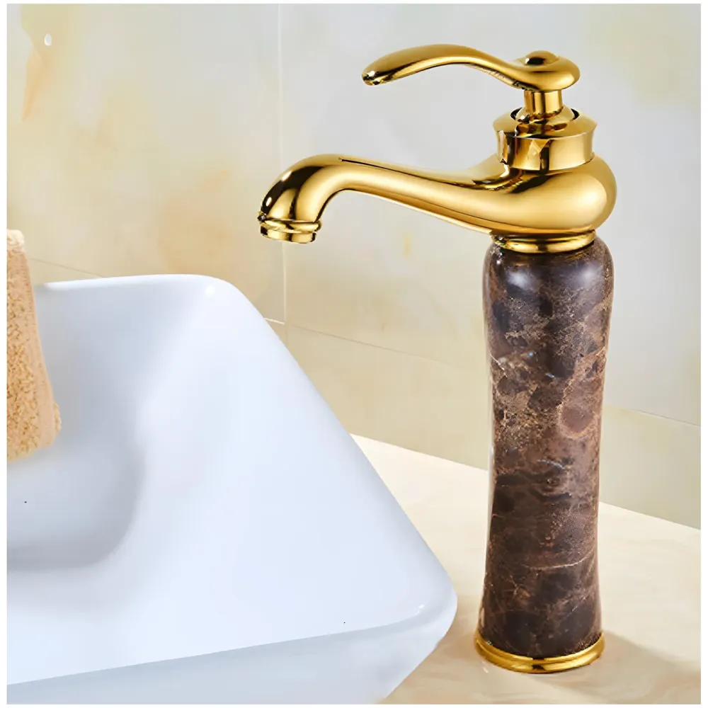 12 Inch Basin Mixer tap Faucet Resin Marble Finish Dark Italian Marble Gold Golden with Connector Hose