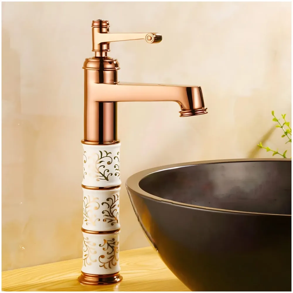 Brass Rose Gold White Flower Basin Mixer Basin Tap Faucet Sink Mixer Colour Aura Florina Hot and Cold for Bathroom Wash Basin Toilet (Tall Body 12 Inches)