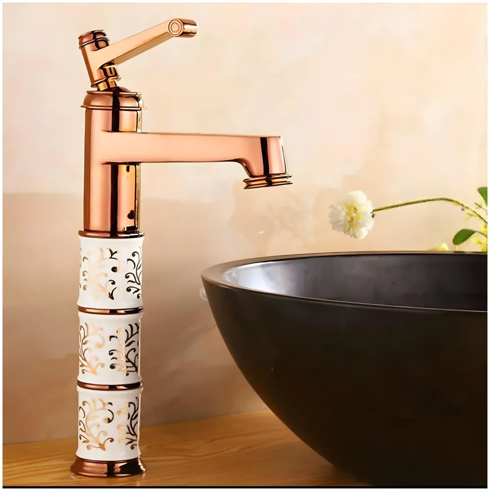 Brass Rose Gold White Flower Basin Mixer Basin Tap Faucet Sink Mixer Colour Aura Florina Hot and Cold for Bathroom Wash Basin Toilet (Tall Body 12 Inches)