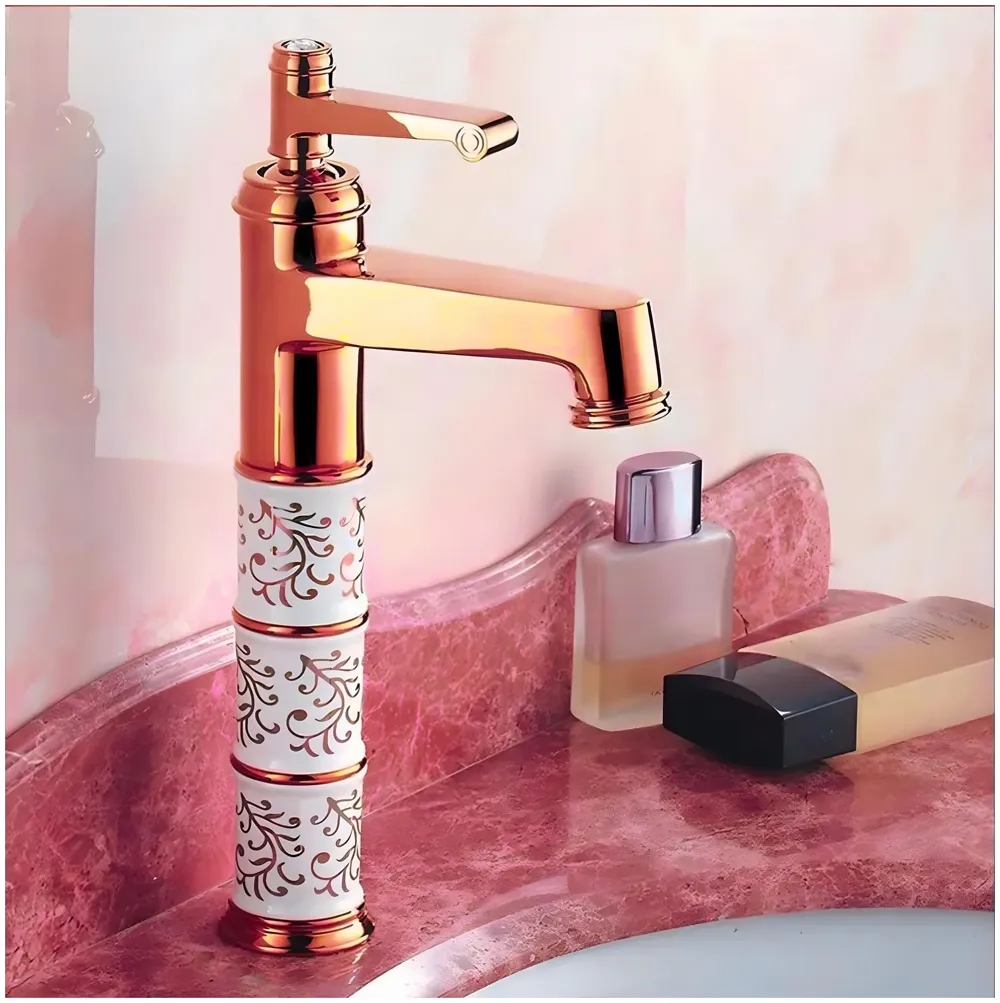 Brass Rose Gold White Flower Basin Mixer Basin Tap Faucet Sink Mixer Colour Aura Florina Hot and Cold for Bathroom Wash Basin Toilet (Tall Body 12 Inches)
