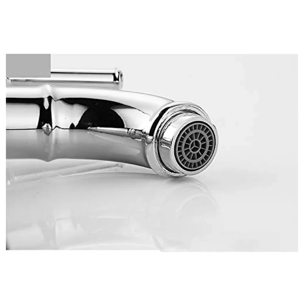 Chrome Silver Bamboo Spout Single Lever Basin Mixer with 2 Braided Connection Pipes 450mm Hot and Cold, Bamboo with Aerated Water Flow, 12 Inches Height - 4