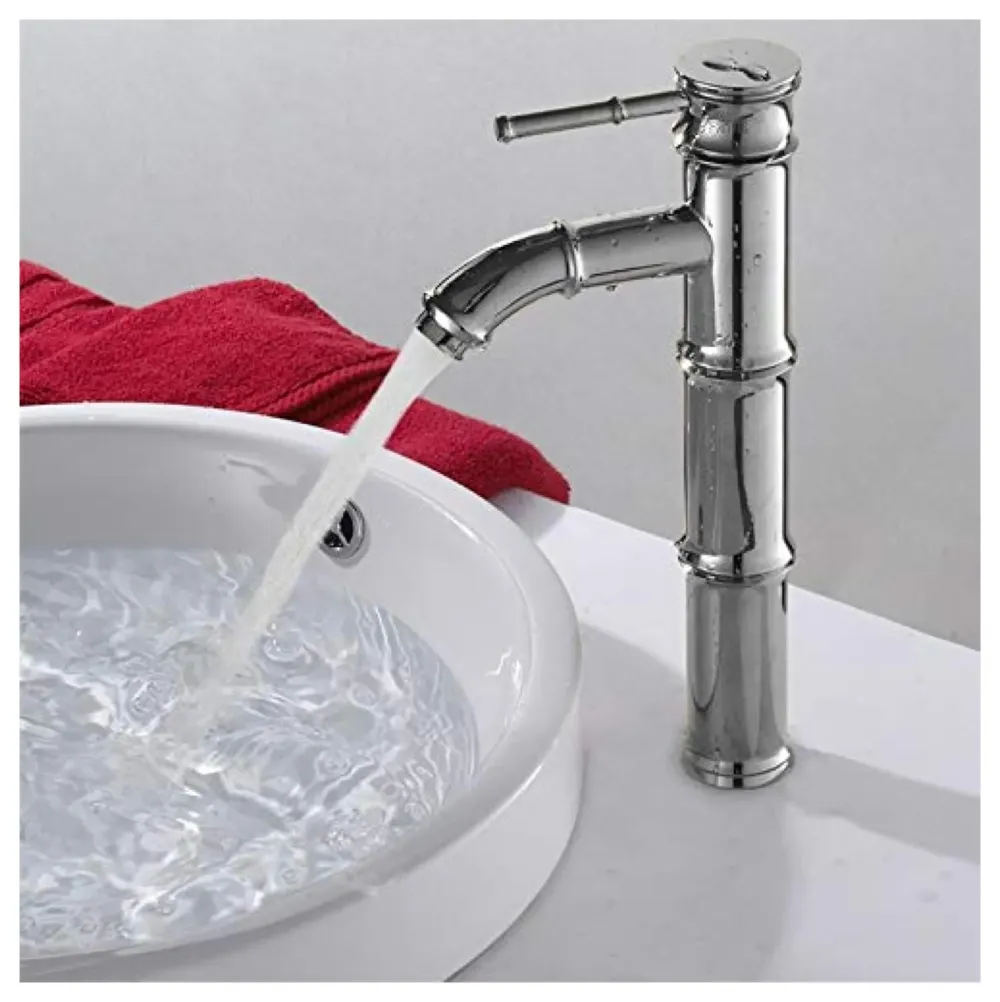 Chrome Silver Bamboo Spout Single Lever Basin Mixer with 2 Braided Connection Pipes 450mm Hot and Cold, Bamboo with Aerated Water Flow, 12 Inches Height - 7