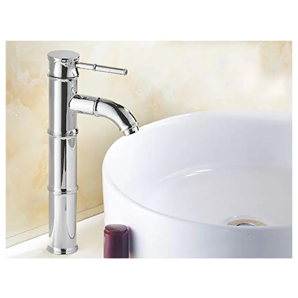 Chrome Silver Bamboo Spout Single Lever Basin Mixer with 2 Braided Connection Pipes 450mm Hot and Cold, Bamboo with Aerated Water Flow, 12 Inches Height Premium