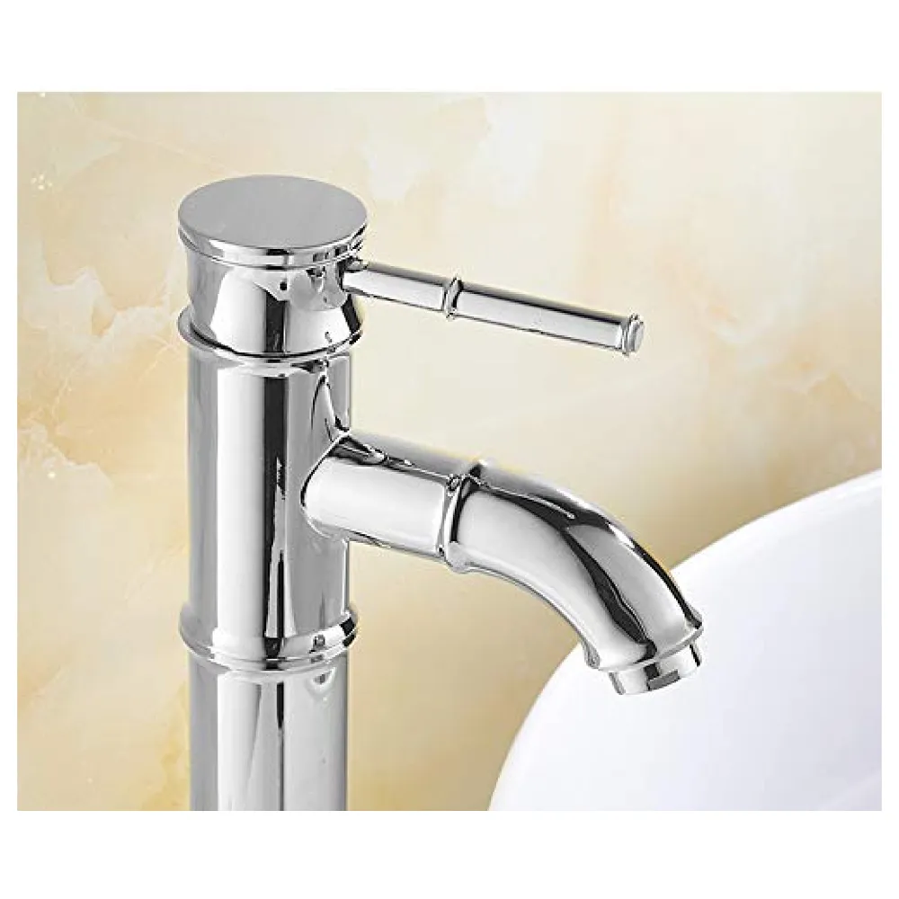 Chrome Silver Bamboo Spout Single Lever Basin Mixer with 2 Braided Connection Pipes 450mm Hot and Cold, Bamboo with Aerated Water Flow, 12 Inches Height Premium